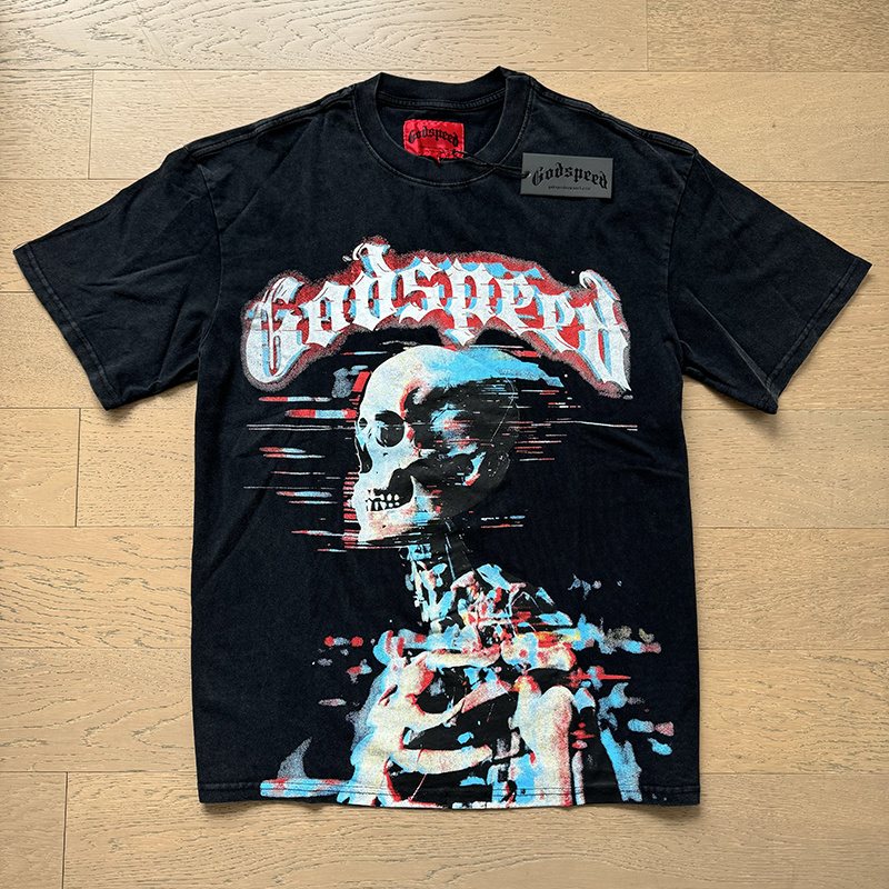 Godspeed Washed Black Skull Graphic T-Shirt — front