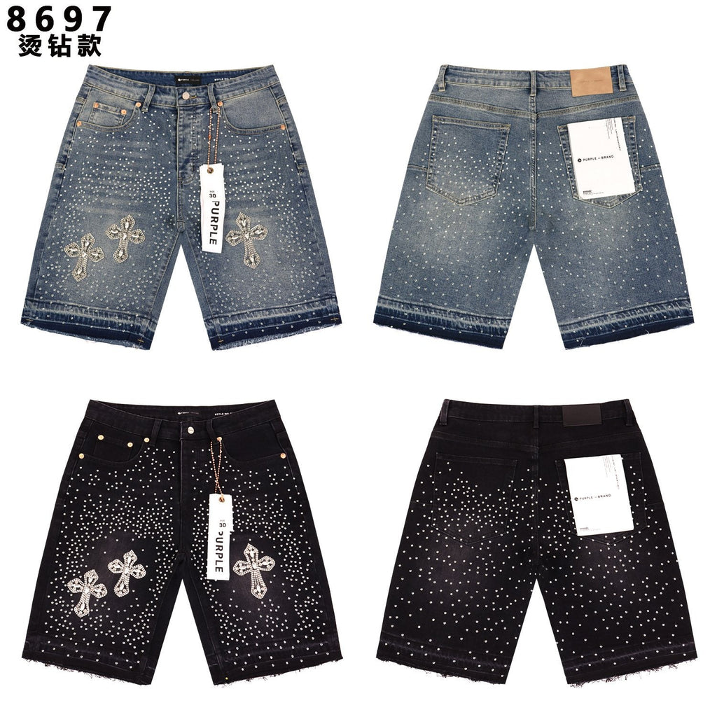 PURPLE Rhinestone Bow Cross Denim Shorts — comparison
