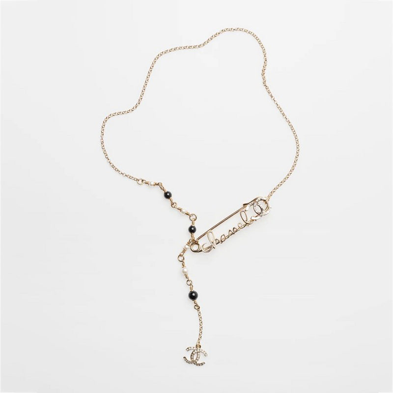 Chanel Rhinestone Pearl Letter 18K Gold Necklace
