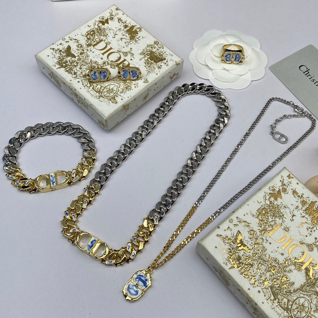 Dior Icon Chain Blue White Resin 18K Gold Necklace