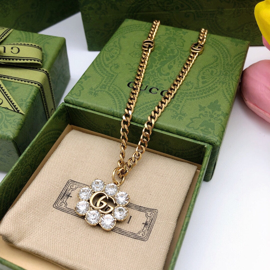 Gucci Double Flower Crystals 18K Gold Necklace