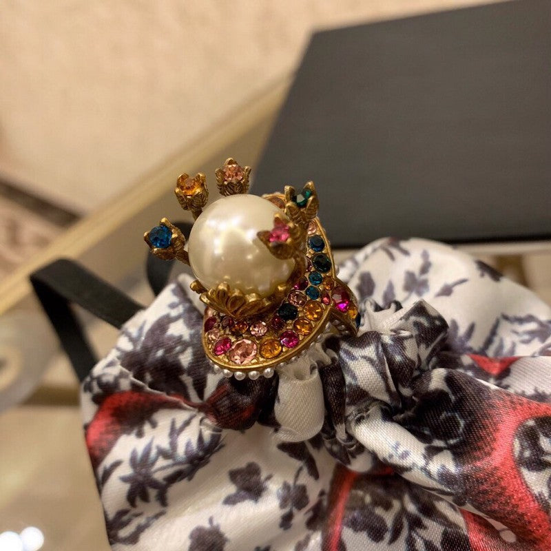 Gucci Double Multistone Pearl 18K Gold Ring