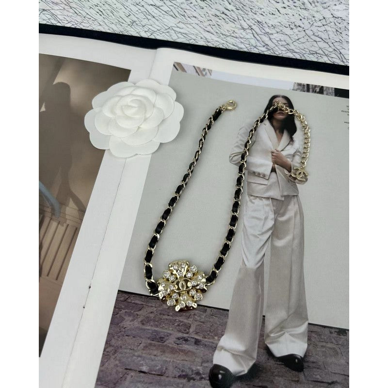 Chanel Black Leather Flower 18K Gold Necklace