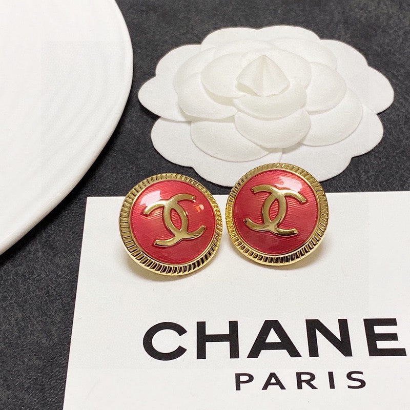 Chanel Pink Round 18K Gold Earrings