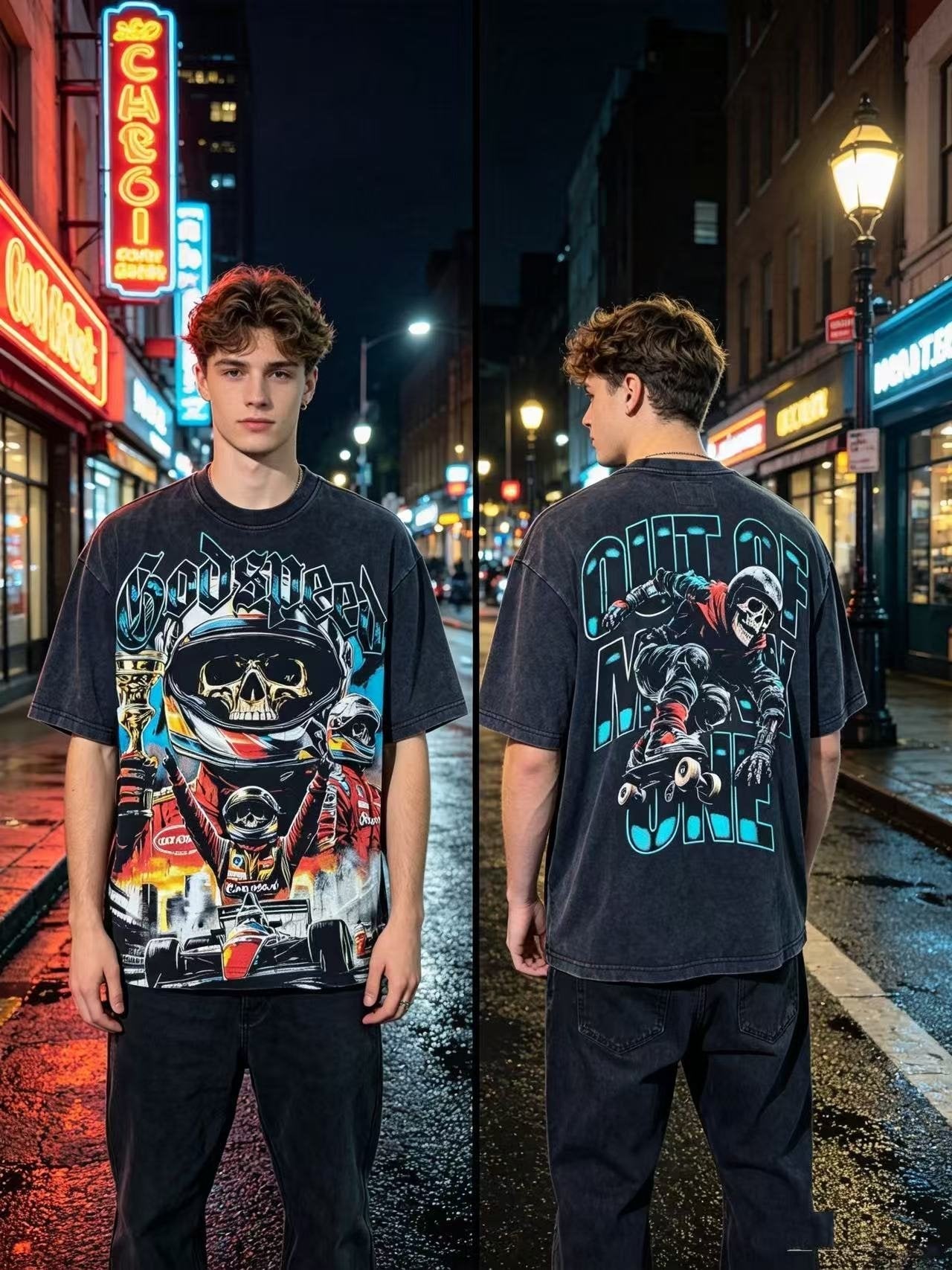 Godspeed Racing Skull Skateboarder Graphic T-Shirt — context